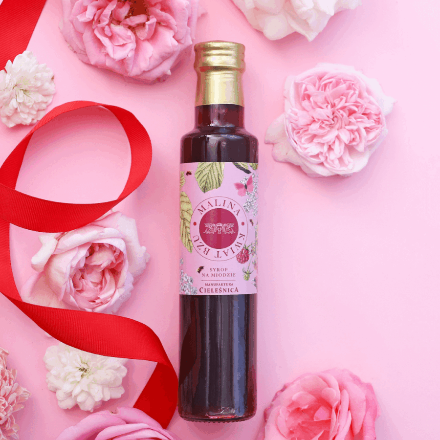 Syrop malinowy z kwiatami bzu na miodzie Cieleśnica 230ml