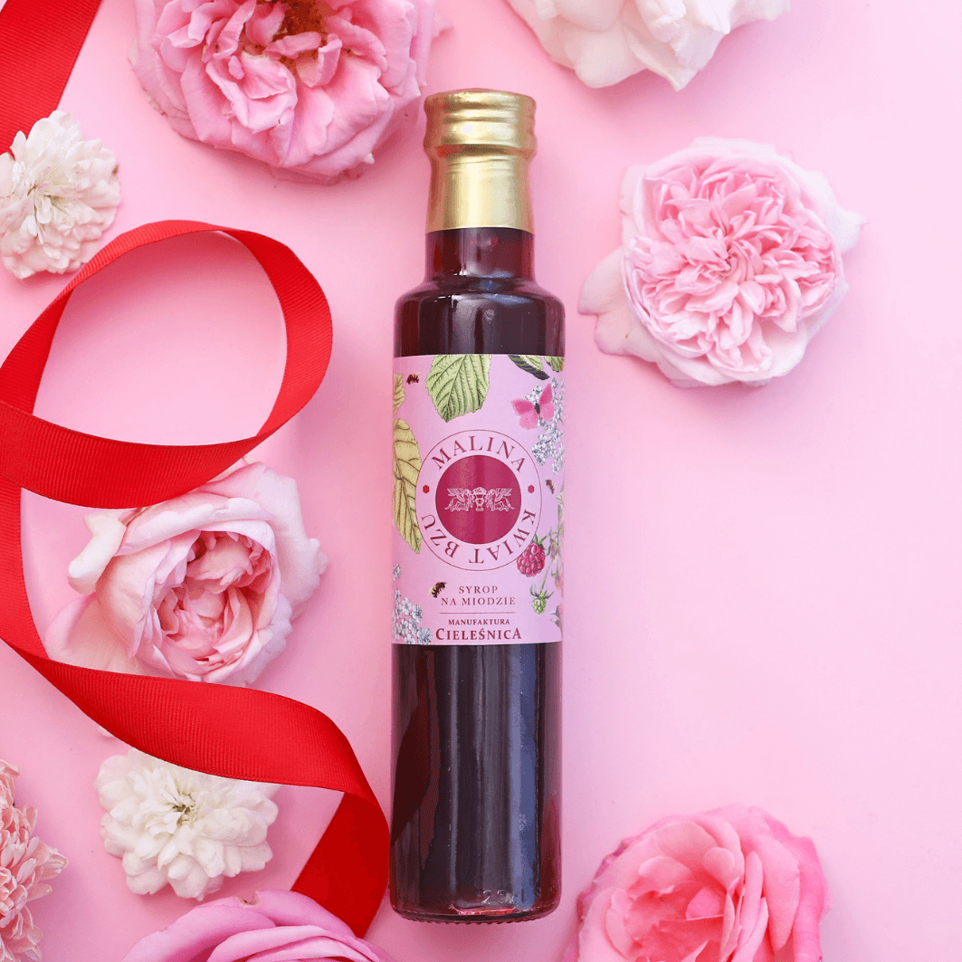 Syrop malinowy z kwiatami bzu na miodzie Cieleśnica 230ml