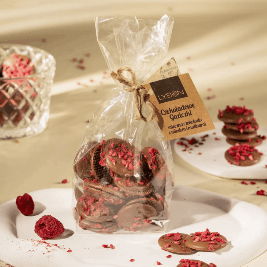 Czekoladowe Guziki z Maliną – Pasieka Łysoń 170 g