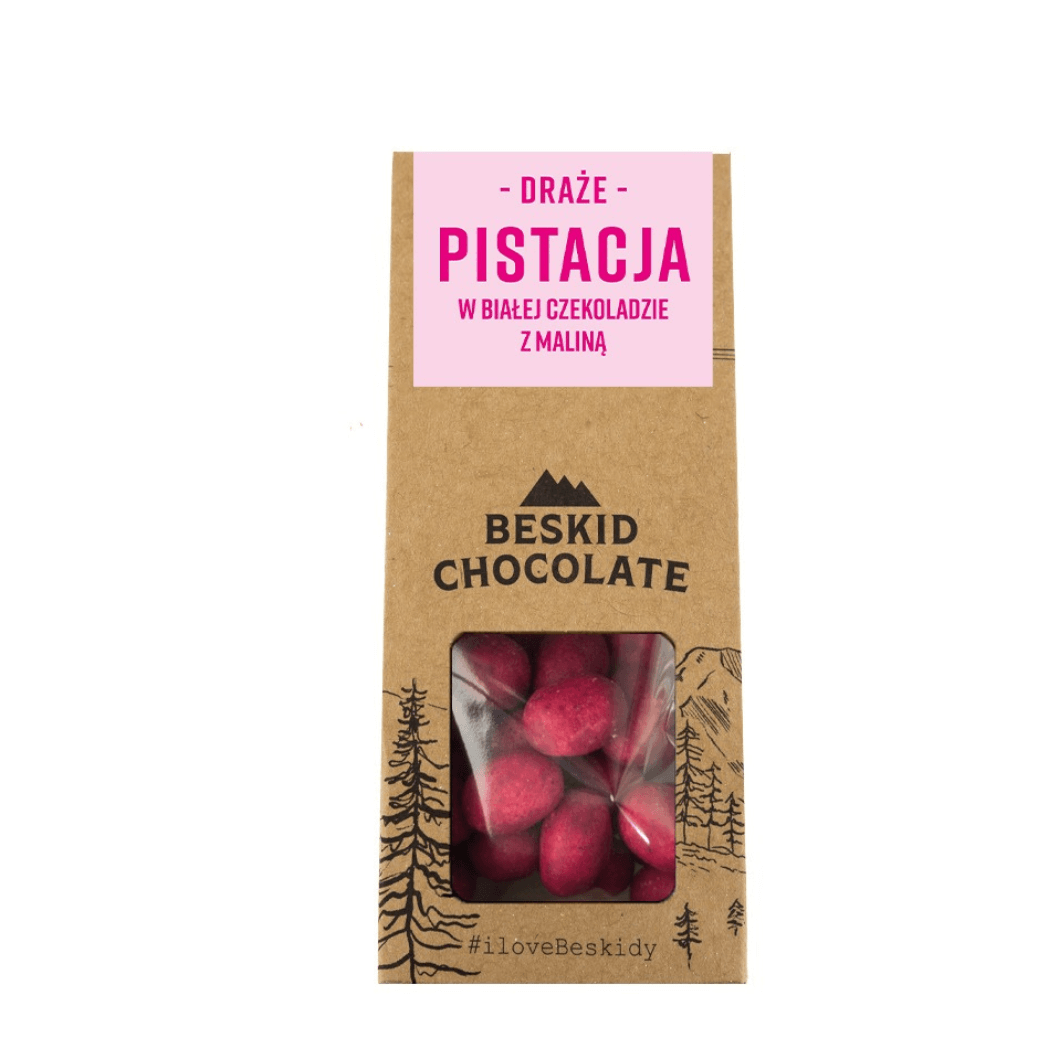 Pistacje w białej czekoladzie z maliną Beskid Chocolate 50 g