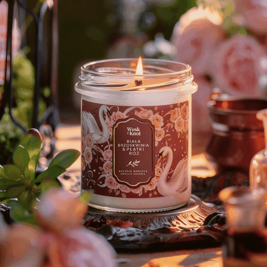 Świeca sojowa Biała Brzoskwinia & Płatki Róż -Wosk i Knot
