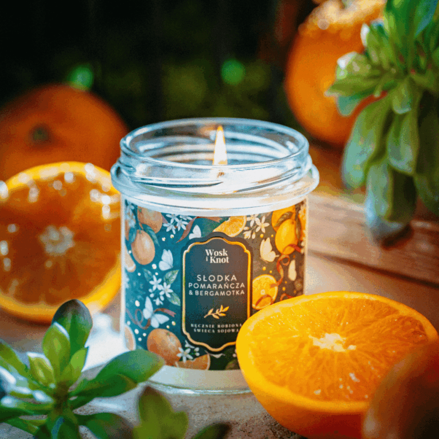 Świeca sojowa Słodka ''Pomarańcza & Bergamotka'' -Wosk i Knot