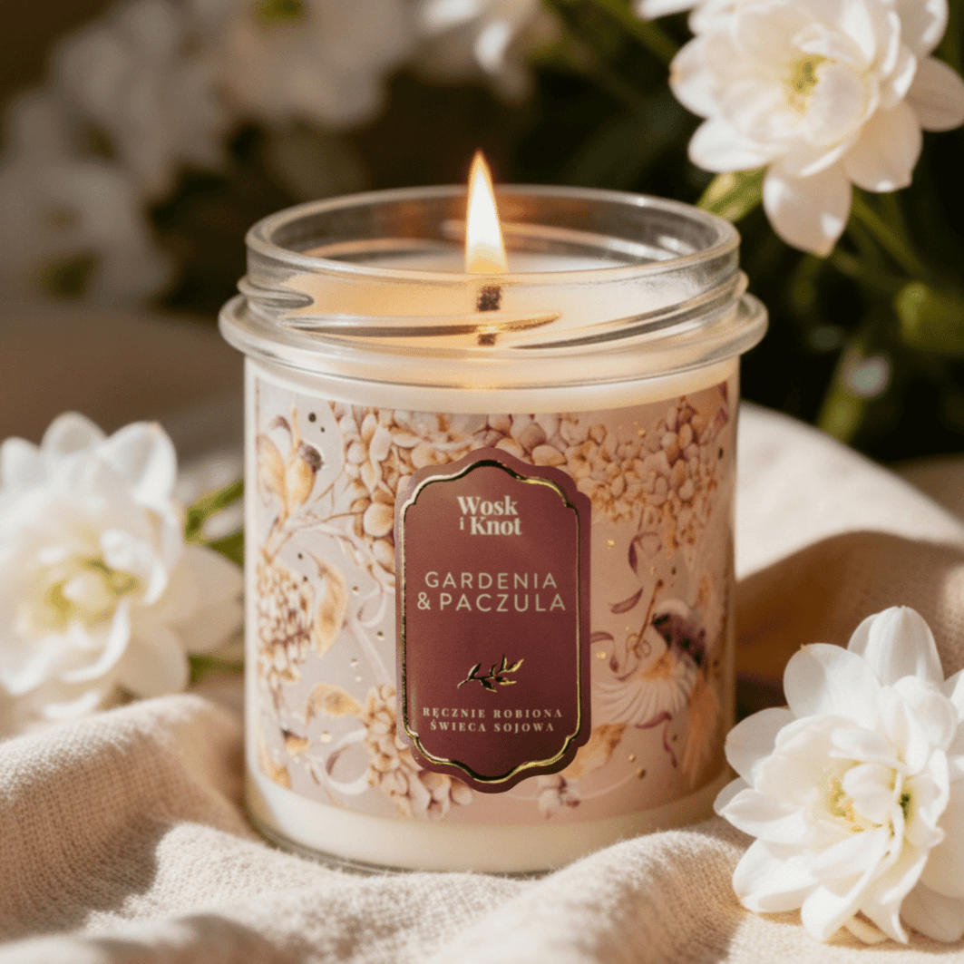 Świeca sojowa Gardenia & Paczula – Wosk i Knot