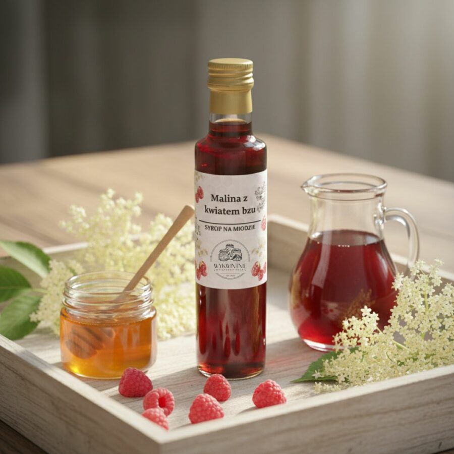 Syrop malinowy z kwiatami bzu na miodzie Wykwintnie 230ml